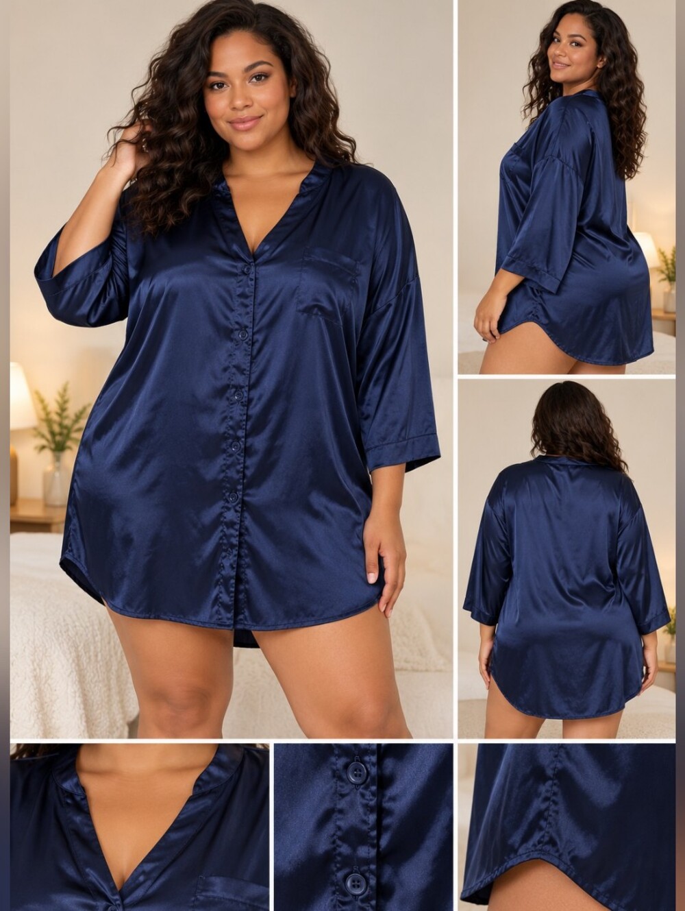 EKOAUER Navy Blue Satin Sleep Shirt / Nightshirt – Size XXXL
